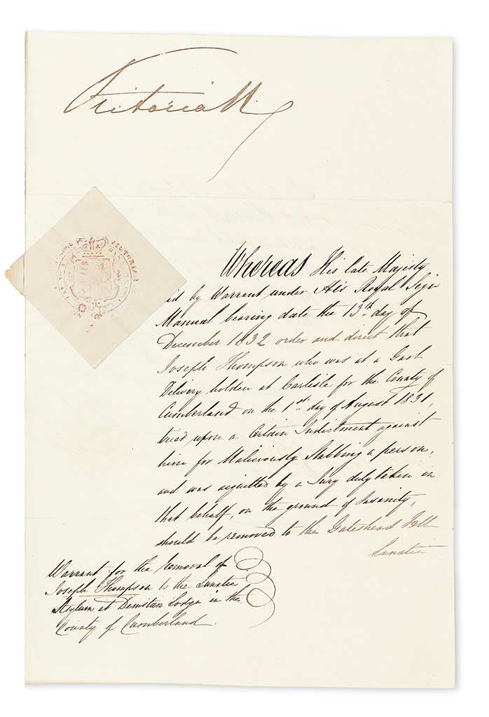 VICTORIA; QUEEN OF ENGLAND. Document Signed, VictoriaReg, warrant ordering the Superintendant of the lunatic asylum